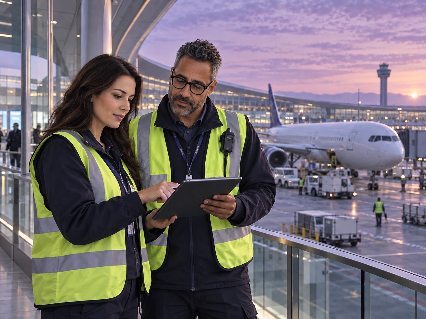 Illustrative AI-generated scene: Airport operations colleagues reviewing a tablet beside a passenger terminal at dawn