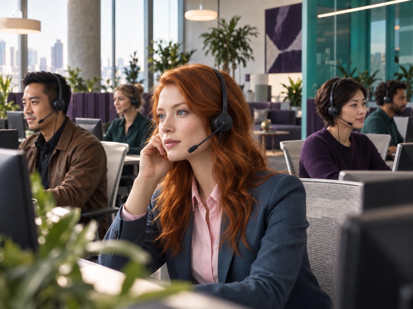 Illustrative AI-generated scene: A customer service professional listening attentively in a modern contact centre