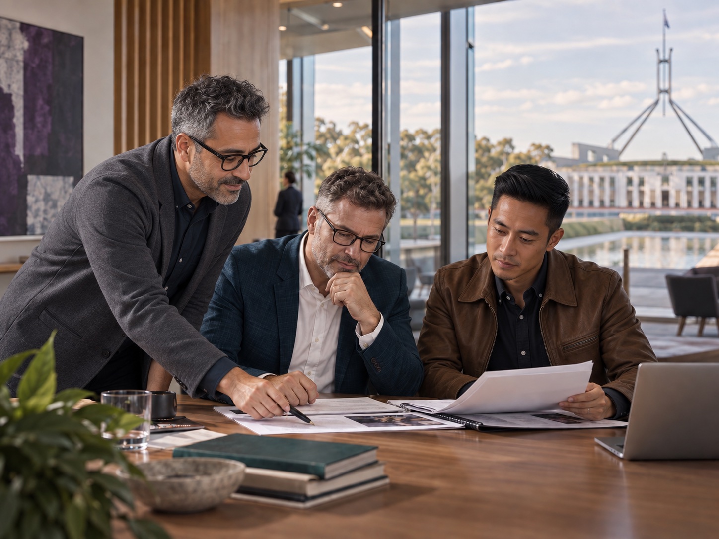 Illustrative AI-generated scene: Public service colleagues reviewing a briefing in a contemporary civic workplace