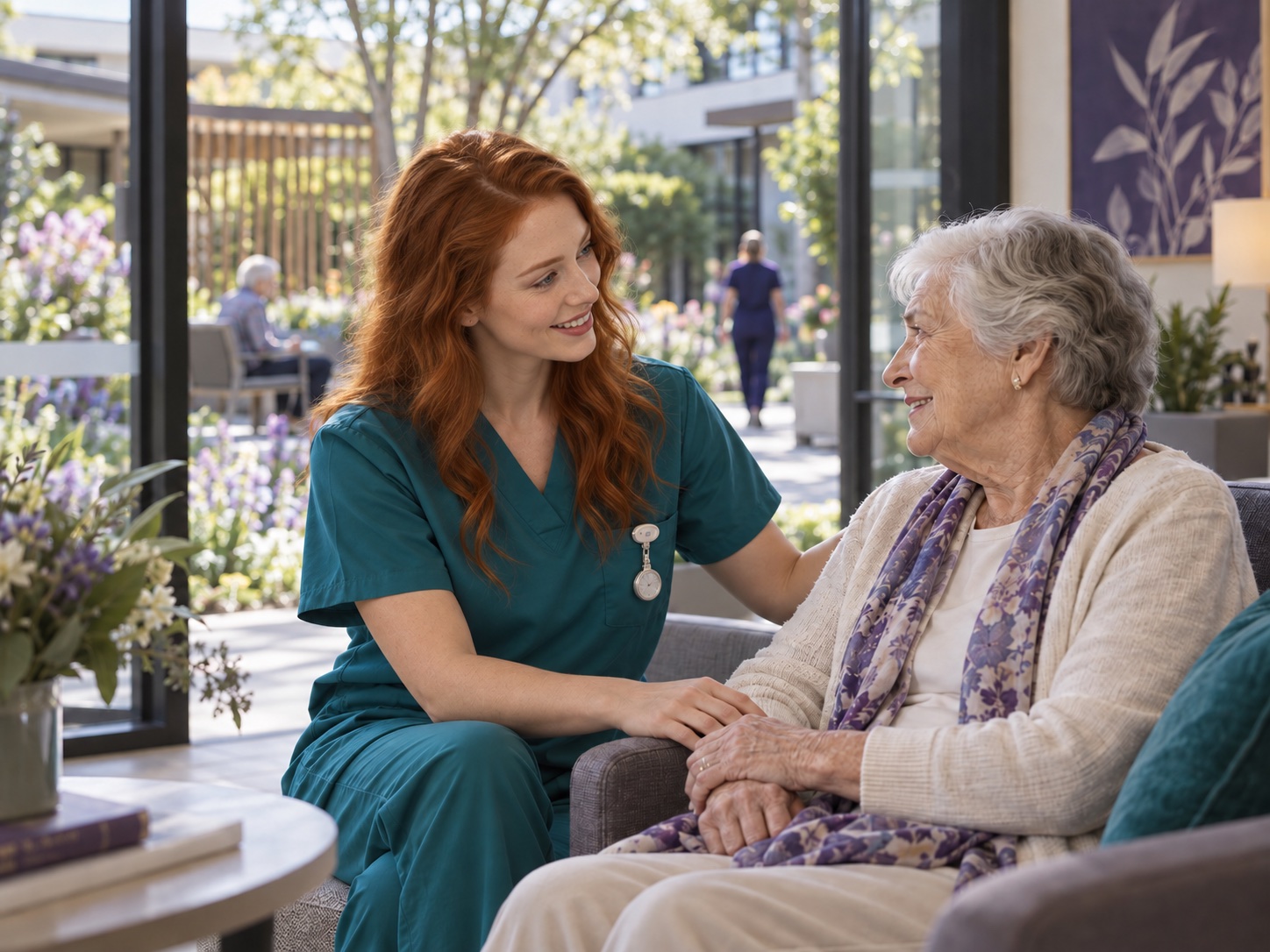 Illustrative AI-generated scene: A healthcare professional sharing a warm conversation with an older resident