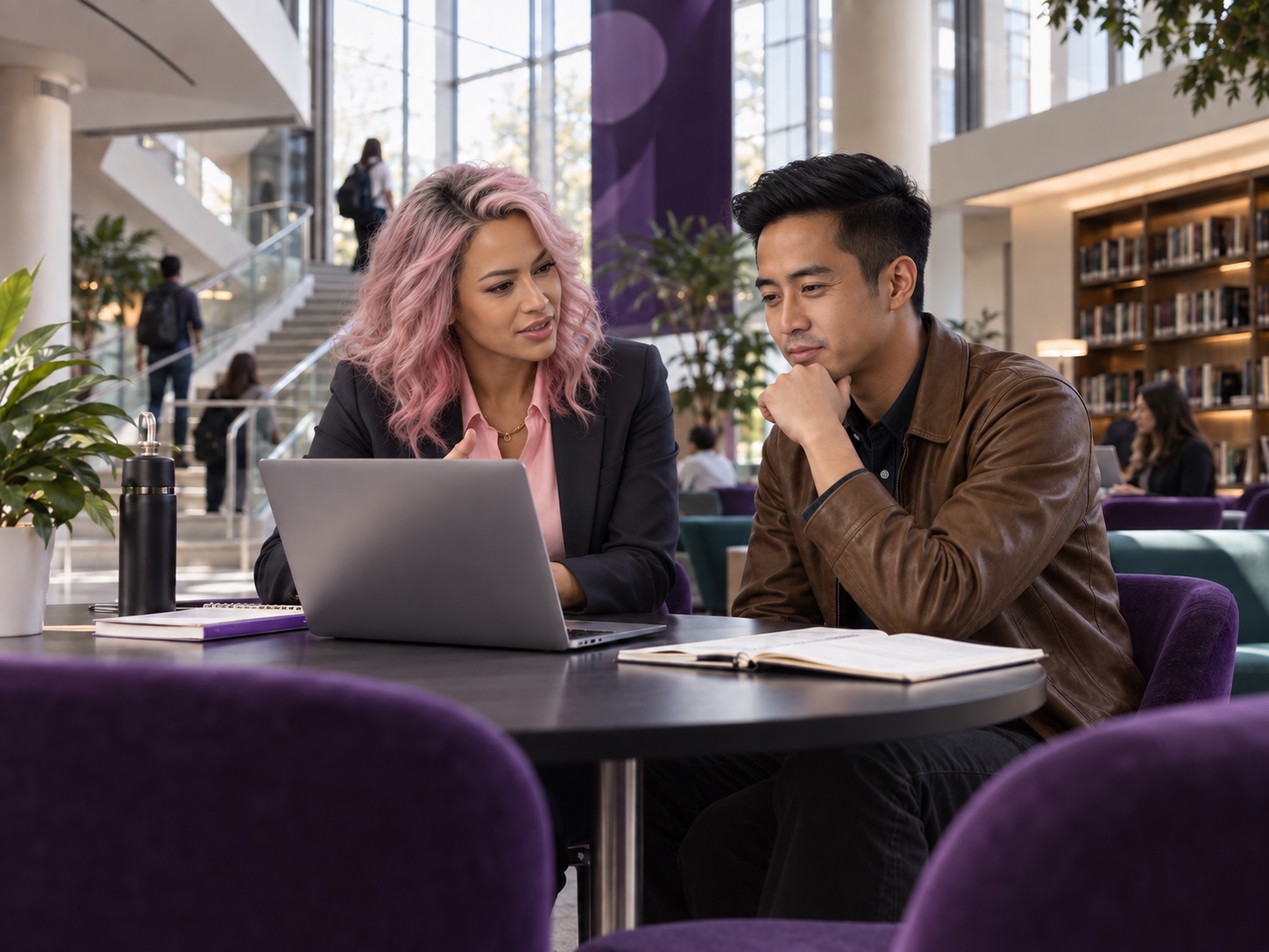 Illustrative AI-generated scene: A university careers adviser helping a student prepare for an interview