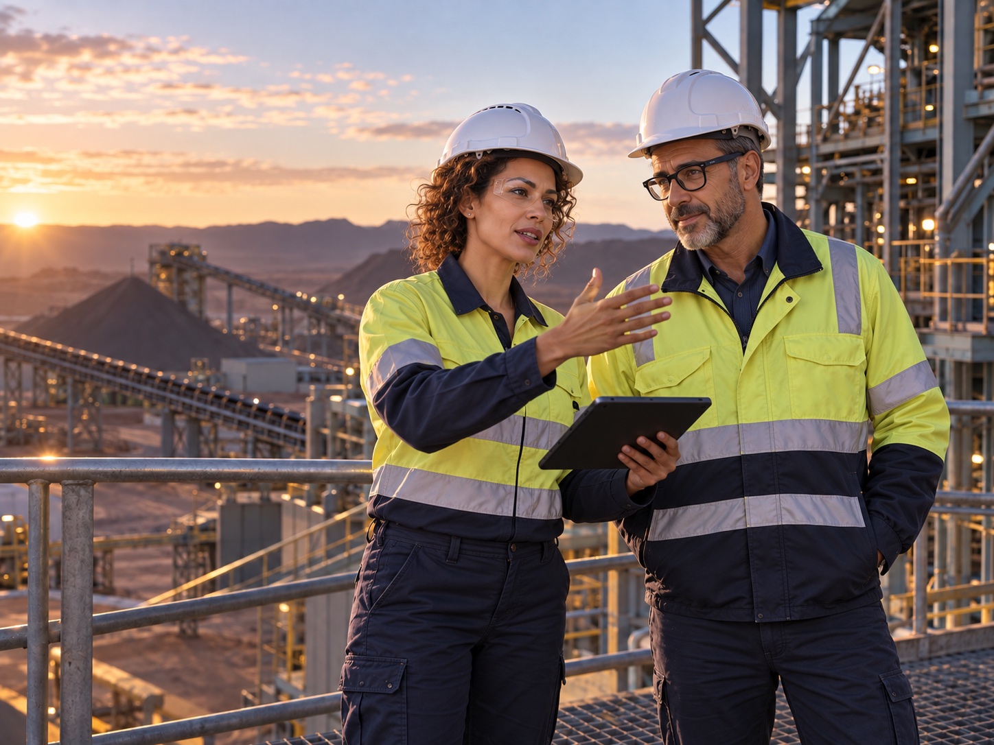 Illustrative AI-generated scene: Industrial professionals reviewing site readiness on a protected observation platform