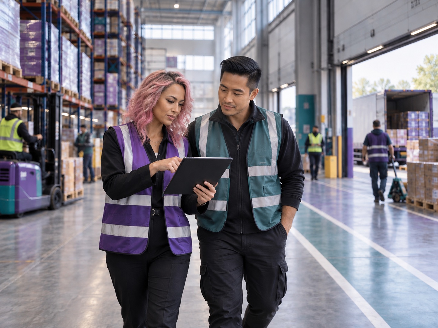 Illustrative AI-generated scene: Warehouse and dispatch colleagues coordinating work in a distribution centre