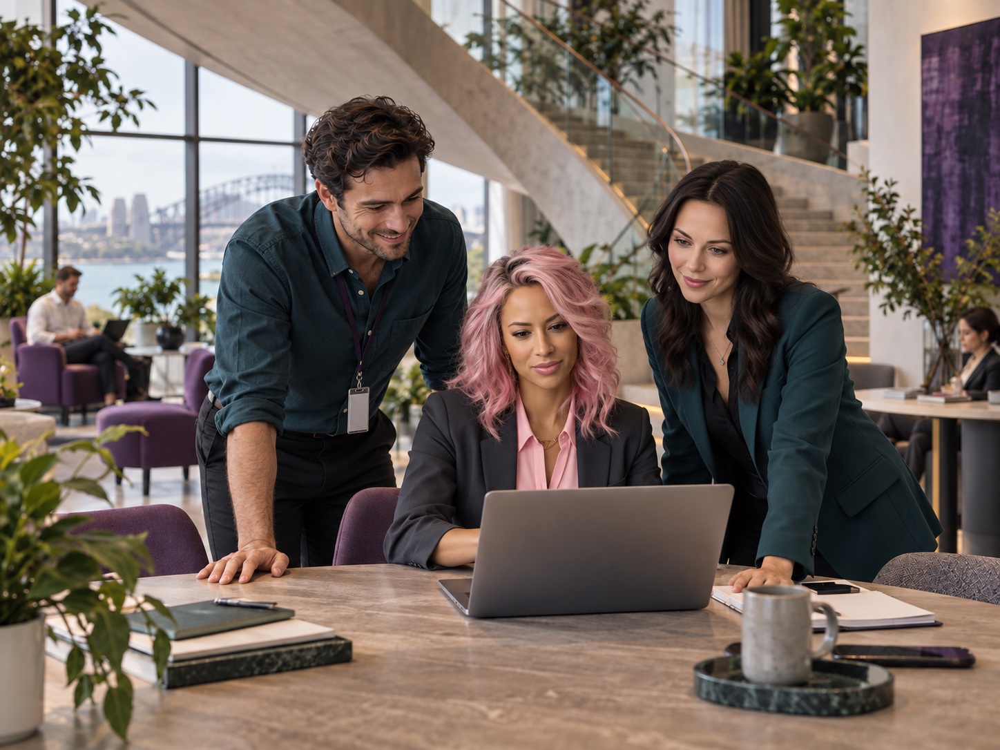 Illustrative AI-generated scene: A growing business team collaborating in a bright contemporary workplace
