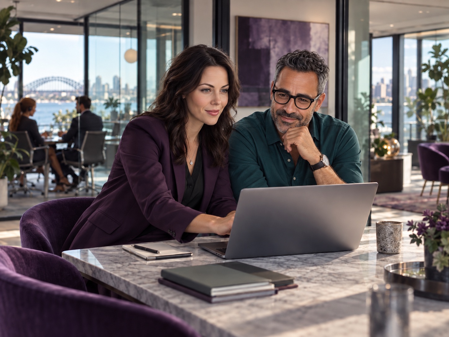 Illustrative AI-generated scene: Recruitment consultants reviewing candidates together in a contemporary studio