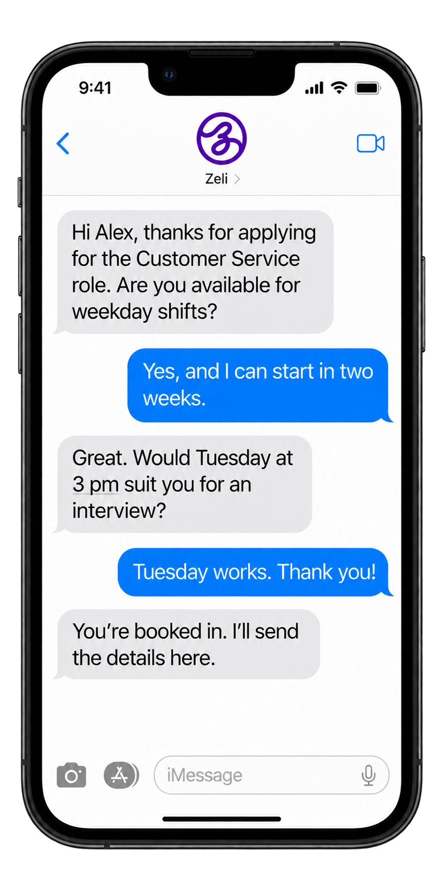 Illustrative SMS conversation with Zeli checking availability and arranging an interview